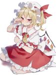  1girl arm_up ascot back_bow bandaid bandaid_on_arm bandaid_on_face blonde_hair blush bow closed_mouth crossed_bandaids crying flandre_scarlet frilled_shirt_collar frilled_skirt frilled_sleeves frills hair_between_eyes hand_on_own_face hands_up hat hat_ribbon highres large_bow looking_at_viewer mob_cap multicolored_wings one_side_up red_ribbon ribbon seiza short_hair simple_background sitting skirt sleeve_ribbon solo sorani_(kaeru0768) tears touhou white_background white_bow white_headwear wings wrist_cuffs yellow_ascot 