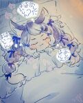  1girl animal_ear_fluff animal_ears bed blue_hair blue_ribbon closed_eyes dire_wolf_(kemono_friends) extra_ears gloves kemono_friends kemono_friends_v_project long_hair night pom384347 ribbon sleeping solo twintails virtual_youtuber wolf_ears wolf_girl 