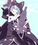  1girl animal_hood blue_eyes blue_hair digimon digimon_(creature) dual_wielding gun hat highres holding holding_gun holding_weapon hood looking_at_viewer nun one_eye_closed short_hair sistermon_noir solo taira_(tairamon) tongue tongue_out weapon 