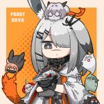  1girl :d absurdres animal_ears arknights black_gloves border character_name chibi cloak closed_eyes commentary crownslayer_(arknights) dog-san dragon_bubble_(arknights) dress english_commentary faust_(arknights) frostnova_(arknights) gloves grey_eyes grey_hair hair_over_one_eye highres long_hair looking_down mephisto_(arknights) open_mouth orange_hair patriot_(arknights) rabbit_ears scar scar_on_face scar_on_nose sharp_teeth smile talulah_(arknights) teeth u_u upper_body w_(arknights) white_cloak white_dress |_| 
