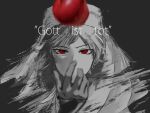 1boy apple eyelashes food fruit german_text grey_background habit highres kamippoina_(vocaloid) lauren_iroas long_sleeves looking_at_viewer male_focus monochrome nijisanji red_apple red_eyes simple_background solo straight-on tossing translated yow-utsugi 