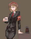  1girl armband black_background black_jacket black_pants brown_hair closed_eyes coffee_mug coffee_pot collared_shirt cup hairband jacket lobotomy_corporation long_sleeves malkuth_(project_moon) mug necktie open_mouth pants project_moon red_armband red_hairband red_necktie schtiglez shirt short_hair simple_background solo white_shirt wing_collar 