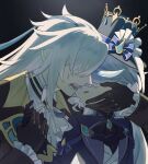  1boy 1girl ascot black_ascot black_gloves blue_bow blue_coat blue_hair blue_headwear bow coat crown de_xiang_ge_banfa_zhao_dian_fan_chi fangs frilled_sleeves frills furina_(genshin_impact) genshin_impact gloves hand_on_another&#039;s_cheek hand_on_another&#039;s_face hat hat_bow hetero highres holding_hands light_particles long_hair long_sleeves multicolored_hair neuvillette_(genshin_impact) open_mouth parted_lips sidelocks streaked_hair top_hat upper_body very_long_hair white_ascot white_hair 