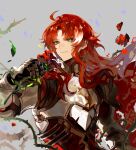 1boy ahoge argenti_(honkai:_star_rail) armor cape closed_mouth dichlorvos121 flower gauntlets grey_background highres holding holding_flower honkai:_star_rail honkai_(series) long_hair looking_at_viewer male_focus parted_bangs pauldrons plant red_cape red_flower red_rose redhead rose shoulder_armor sidelocks simple_background smile solo upper_body very_long_hair vines