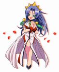  1boy blue_hair blush crossdressing crown green_eyes highres james_(pokemon) macchiromomomo open_mouth petals pokemon pokemon_(anime) purple_hair shoujo_kakumei_utena white_background 