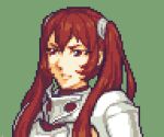 1girl armor breastplate commentary fire_emblem fire_emblem_awakening glaceo green_background long_hair lowres pauldrons pixel_art red_eyes redhead severa_(fire_emblem) shoulder_armor simple_background solo twintails upper_body 