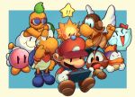  4girls 5boys blue_background blue_footwear blush bombette boots border bow_(paper_mario) brown_footwear ellisbros facial_hair gloves goombario handheld_game_console hat highres holding holding_handheld_game_console kooper lakilester mario multiple_boys multiple_girls mustache nintendo_switch open_mouth paper_mario paper_mario_64 parakarry red_headwear simple_background sitting super_mario_bros. sushie watt_(paper_mario) white_border white_gloves wings 