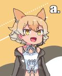  1girl animal_ears bare_shoulders black_jacket blonde_hair camisole coyote_(kemono_friends) extra_ears fang jacket kemono_friends kemono_friends_v_project microphone navel open_mouth pozesuke short_hair simple_background solo virtual_youtuber wolf_ears wolf_girl yellow_background yellow_eyes 