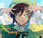  1boy absurdres aqua_eyes aqua_hair beret black_bow black_bowtie black_hair bow bowtie braid capelet double_v flower frilled_sleeves frills genshin_impact gradient_hair green_capelet green_headwear happy_birthday hat hat_flower highres hoshino_ai&#039;s_pose looking_at_viewer low_twin_braids male_focus multicolored_hair oshi_no_ko portrait shirt solo twin_braids v venti_(genshin_impact) wfleow white_shirt 