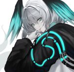  1girl aer7o aqua_eyes aqua_nails aqua_wings arknights black_wings coat fingerless_gloves gloves grey_hair hair_between_eyes head_wings ho&#039;olheyak_(arknights) long_sleeves looking_at_viewer multicolored_wings nail_polish simple_background solo tongue tongue_out upper_body white_background white_gloves wings 