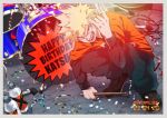  1boy \n/ arm_on_knee bakugou_katsuki birthday black_shirt blonde_hair bloom blurry blurry_background boku_no_hero_academia border bottle cable character_name chromatic_aberration collared_shirt confetti dated depth_of_field drum drum_set drumsticks full_body furrowed_brow green_pants grey_border hair_between_eyes hand_up happy happy_birthday highres holding holding_drumsticks instrument leaning_forward looking_at_viewer looking_to_the_side male_focus nikaidou_iroha open_cuffs open_mouth orange_shirt pants photo_background print_shirt red_eyes sanpaku segment_display shirt short_hair smile soft_focus solo spiky_hair squatting streamers tile_floor tiles turning_head twitter_username undershirt v-shaped_eyebrows water_bottle x 