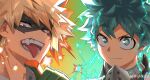  2boys absurdres adam&#039;s_apple alternate_eye_color aqua_background aqua_eyes aqua_hair bakugou_katsuki black_mask blonde_hair boku_no_hero_academia bright_pupils chinese_commentary chromatic_aberration closed_mouth diffraction_spikes electricity explosion eye_mask freckles furrowed_brow gloves gradient_background green_gloves hand_up headgear highres looking_at_viewer looking_to_the_side male_focus mask mask_around_neck midoriya_izuku mouth_mask multicolored_background multiple_boys narrowed_eyes open_mouth orange_eyes orange_gloves pointing pointing_at_self portrait sanpaku short_hair side-by-side sideways_glance smile sparkle spiky_hair split_mouth tongue tongue_out two-tone_gloves v-shaped_eyebrows weibo_logo weibo_username white_pupils yellow_background ykkiyo 