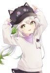  1girl absurdres alternate_costume animal_ears animal_hat black_headwear black_skirt cat_ears cat_hat genshin_impact green_eyes green_hair hair_ornament hands_up hat highres iroha_(mimi0618xx) leaf leaf_hair_ornament long_hair long_sleeves looking_at_viewer multicolored_hair nahida_(genshin_impact) open_mouth pointy_ears purple_sweater scaramouche_(cat)_(genshin_impact) scaramouche_(genshin_impact) shirt side_ponytail skirt smile sweater white_background white_hair white_shirt x_hair_ornament 