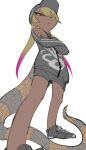 1girl bare_legs baseball_bat black_footwear black_shorts blonde_hair cardigan closed_mouth crossed_arms dark-skinned_female dark_skin eyelashes flat_color from_below half-closed_eye highres igarashi_(nogiheta) kemono_friends kemono_friends_3 king_cobra_(kemono_friends) long_hair long_sleeves long_tail looking_at_viewer multicolored_eyes multicolored_hair official_alternate_costume pink_hair red_eyes shoes short_shorts shorts simple_background snake_tail solo standing standing_on_one_leg tail tomboy twintails two-tone_hair white_background yellow_eyes zipperface