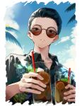  1boy bishounen black_eyes black_hair blue_sky character_request clouds cup drinking_straw glasses hawaiian_shirt highres holding holding_cup limbus_company male_focus outdoors project_moon shirt short_hair sky solo sunglasses tinted_eyewear y0ru73 