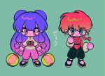  2girls aqua_background black_footwear blue_eyes blush_stickers braid braided_ponytail chibi chinese_clothes double_bun hair_bun highres menma_(enaic31) multiple_girls purple_hair ranma-chan ranma_1/2 redhead shampoo_(ranma_1/2) standing tangzhuang translation_request 