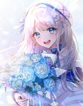  1girl absurdres beret blue_eyes blue_flower blue_rose bouquet bow dress earrings flower hair_ornament hairclip hat hat_bow highres indie_virtual_youtuber jewelry long_hair nagino_mashiro nogikawa open_mouth rose smile solo virtual_youtuber white_hair white_headwear 
