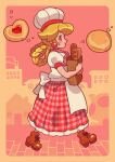  1girl absurdres apron bag baguette blonde_hair boots braid bread brown_footwear chef_hat cookie earrings food from_side full_body hat highres holding holding_bag jewelry loveycloud official_alternate_costume paper_bag pastry_chef_peach princess_peach princess_peach:_showtime! red_skirt short_sleeves skirt solo sphere_earrings super_mario_bros. walking white_apron 
