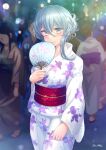  2boys 4girls blue_eyes blue_hair blush closed_mouth gotland_(kancolle) hair_between_eyes hand_fan holding holding_fan japanese_clothes kantai_collection kimono long_sleeves medium_hair mole mole_under_eye multiple_boys multiple_girls obi paper_fan ryu-akt sash signature smile uchiwa white_kimono wide_sleeves 