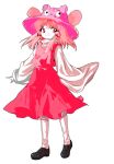 1girl :3 alphes_(style) bangs black_shoes capybara capybara_ears colored_eyelashes eyebrows_visible_through_hair eyelashes_visible_through_hair eyes_visible_through_hair full_body guinea_pig guinea_pig_ears hamster hat long_hair long_skirt moriya_suwako pink_eyes pink_hair pink_hat pink_shirt pink_skirt pink_vest red_eyes rodent rodent_girl shoes small_breasts solo tareme thighhighs touhou very_long_sleeves vest white_background white_shirt white_skin white_sleeves white_thighhighs