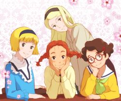  4girls black_hairband blonde_hair blue_shirt brown_hair elbows_on_table hairband head_rest judy_abbott julia_rutledge_pendleton leonora_fenton long_hair multiple_girls red-framed_eyewear redhead sakai_yume sally_mcbride shirt short_twintails twintails watashi_no_ashinaga_ojisan world_masterpiece_theater yellow_shirt 