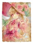  1girl blonde_hair border bow bug butterfly butterfly_on_hand choppy_bangs collared_dress cowboy_shot dress flower flower_brooch frilled_dress frills gem green_butterfly hat hat_flower juliet_sleeves light_blush long_hair long_sleeves neck_ribbon original painting_(medium) pearl_(gemstone) pink_bow pink_dress pink_eyes pink_flower pink_headwear pink_ribbon pink_rose puffy_sleeves ribbon rose smile solo traditional_media waist_bow watercolor_(medium) white_border wide_sleeves witch witch_hat yachi_waki 