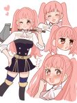  1girl axe blunt_bangs blush chimney_(chimney0311) closed_eyes embarrassed fire_emblem fire_emblem:_three_houses garreg_mach_monastery_uniform heart highres hilda_valentine_goneril holding holding_axe holding_weapon multiple_views pink_hair pout red_eyes simple_background smile twintails weapon white_background 