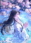  1girl absurdres artist_request black_hair boat breasts closed_mouth dress falling_petals from_side highres in_water long_hair long_sleeves medium_breasts petals qinshi_mingyue sash second-party_source shi_lan_(qinshi_mingyue) solo upper_body veil violet_eyes water watercraft white_dress 