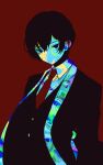  1boy black_eyes black_hair cowboy_shot highres limbus_company male_focus necktie project_moon red_background red_necktie short_hair simple_background solo suit y0ru73 yi_sang_(limbus_company) 