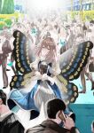  absurdres androgynous antinese black_hair blonde_hair blue_butterfly blue_eyes bug butterfly butterfly_wings crossed_arms crowd dress faceless fate/grand_order fate_(series) grey_hair highres looking_at_viewer oberon_(fate) outdoors short_hair solo_focus standing suit tagme wings 