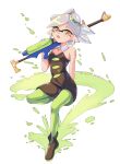  1girl armpit_crease black_dress black_footwear boots dress fang green_pantyhose gun highres holding holding_gun holding_weapon marie_(splatoon) open_mouth pantyhose revvie rifle simple_background sniper_rifle solo splat_charger_(splatoon) splatoon_(series) splatoon_1 tentacle_hair weapon white_background yellow_eyes 