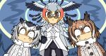  3girls arm_at_side arms_at_sides behind_another bird_wings brown_hair buttons chibi coat constricted_pupils eurasian_eagle_owl_(kemono_friends) fisheye glasses gloom_(expression) gloves grey_hair hair_between_eyes hand_on_own_hip head_wings height_difference kemono_friends long_hair long_sleeves medium_hair multicolored_hair multiple_girls northern_white-faced_owl_(kemono_friends) orange_hair pants redhead scared secretarybird_(kemono_friends) semi-rimless_eyewear shaded_face sky srd_(srdsrd01) sweatdrop under-rim_eyewear very_long_hair white_hair wide-eyed wings yellow-framed_eyewear 