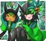  +_+ 1girl :o absurdres black_hair black_horns black_pantyhose blush cafe_berry creature_and_personification green_hair highres horns mask mask_on_head multicolored_hair ogerpon pantyhose personification pokemon pokemon_(creature) pokemon_(game) pokemon_sv sitting streaked_hair yellow_eyes 