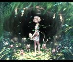  1girl animal_ears ari_(arikoro88) barefoot bell bracelet cat_ears cave goutokuji_mike highres jewelry looking_at_viewer maneki-neko multicolored_hair neck_bell outdoors plant red_eyes rope solo standing streaked_hair tail touhou white_hair 