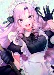  1girl absurdres apron black_dress black_gloves dress drill_hair gloves half_gloves highres hyakumantenbara_salome long_hair maid maid_headdress nijisanji nogikawa open_mouth puffy_short_sleeves puffy_sleeves purple_hair short_sleeves smile solo violet_eyes virtual_youtuber white_apron 