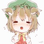  1girl =_= animal_ear_fluff animal_ears bow bowtie brown_hair cat_ears chen chibi closed_eyes commentary_request crying dress dtnm3748 earrings fangs flying_sweatdrops green_headwear hands_up hat highres jewelry light_blush long_sleeves mob_cap open_mouth red_dress short_hair signature simple_background single_earring solo tears teeth tongue touhou white_background yellow_bow yellow_bowtie 