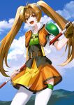 1girl ahoge armor blue_sky brown_hair clouds cropped_jacket eiyuu_densetsu estelle_bright fingerless_gloves gloves hair_between_eyes holding holding_staff holding_weapon mountainous_horizon noki_(affabile) open_mouth outdoors pauldrons red_eyes shoulder_armor single_pauldron skirt sky smile solo sora_no_kiseki staff thigh-highs twintails weapon