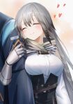  1girl absurdres arknights arm_hug belt breasts closed_eyes coat doctor_(arknights) fartooth_(arknights) feather_hair gauntlets grey_hair heart highleg_shorts highres long_hair medium_breasts no_headwear ohagi_umeume shirt smile white_shirt 