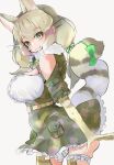  100maru 1girl animal_ears belt camouflage cat_ears cat_girl cat_tail elbow_gloves extra_ears gloves green_eyes grey_background grey_hair highres jungle_cat_(kemono_friends) kemono_friends kemono_friends_v_project kneehighs long_hair looking_at_viewer microphone ribbon shirt simple_background skirt socks solo tail twintails virtual_youtuber 