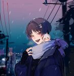  2boys absurdres antenna_hair black_gloves black_sweater blue_scarf coat fingerless_gloves genshin_impact gloves hand_up highres kaedehara_kazuha looking_to_the_side low_ponytail mini_person miniboy multicolored_hair multiple_boys open_mouth orange_eyes outdoors power_lines purple_coat purple_hair scaramouche_(genshin_impact) scarf smile streaked_hair sweater utility_pole wfleow white_hair 