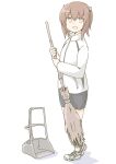  1girl akara_kai alternate_costume bike_shorts broom brown_eyes brown_hair dustpan full_body headgear highres jacket kantai_collection shoes short_hair short_hair_with_long_locks simple_background sneakers solo standing taihou_(kancolle) white_background white_jacket 