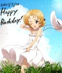  1girl 9s0ykoyama117 absurdres blue_sky clouds cloudy_sky dated dress floating_clothes floating_hat girls_und_panzer grass happy_birthday highres on_grass one_eye_closed orange_pekoe_(girls_und_panzer) sky solo white_dress wind 