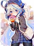  1girl absurdres ahoge blue_bow blue_eyes blue_hair blue_headwear blue_skirt bow brown_jacket doughnut food furina_(genshin_impact) genshin_impact hands_up hat hat_bow highres jacket long_hair long_sleeves looking_at_viewer low_twintails mamono03 multicolored_hair pencil_skirt plaid plaid_skirt sidelocks skirt solo streaked_hair twintails very_long_hair white_bag 