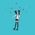  1girl arms_up black_footwear black_skirt black_sleeves blue_background blue_hair blue_necktie boots full_body hatsune_miku highres long_hair long_sleeves necktie roundbee shirt simple_background skirt solo thigh_boots twintails very_long_hair vocaloid white_shirt 