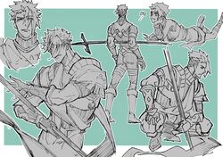  1boy absurdres achilles_(fate) aged_down armor blue_background boots border bug butterfly closed_mouth facing_away fate/apocrypha fate_(series) gauntlets hair_over_one_eye hand_on_own_leg haruakira highres holding holding_polearm holding_weapon lying male_focus mature_male monochrome multiple_views on_stomach polearm sash shoulder_armor squatting undercut weapon weapon_behind_back white_border 