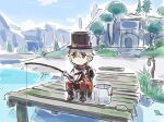  1boy blue_sky bucket cape chibi clouds fishing genshin_impact hat japanese_clothes jetty kaedehara_kazuha lyney_(genshin_impact) mountainous_horizon multicolored_hair orange_eyes orange_hair sitting sky solo streaked_hair top_hat tree white_hair wide_sleeves xinzoruo 