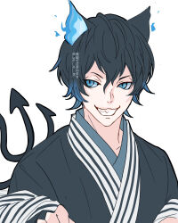  1boy animal_ears black_hair blue_eyes blue_hair blue_sclera cat_ears colored_sclera colored_tips commentary_request demon_tail flaming_ears grim_(twisted_wonderland) grin japanese_clothes kimono looking_at_viewer male_focus multicolored_hair sharp_teeth short_hair simple_background slit_pupils smile solo tail teeth twisted_wonderland upper_body white_background yuuki_(yukko7474) 