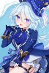  1girl :d absurdres ana_(vvvvor) ascot asymmetrical_gloves black_gloves blue_ascot blue_eyes blue_hair blue_headwear blue_pupils furina_(genshin_impact) genshin_impact gloves hat heterochromia highres long_hair long_sleeves looking_at_viewer mismatched_gloves mismatched_pupils multicolored_hair open_mouth purple_pupils smile solo two-tone_hair violet_eyes white_gloves 