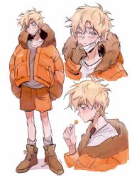  1boy animification blonde_hair blue_eyes boots brown_boots brown_gloves chupa_chups fingernails full_body fur-trimmed_hood fur_trim gloves hair_between_eyes half-closed_eyes hand_up holding hood hooded_jacket jacket kenny_mccormick long_sleeves looking_at_viewer looking_down mask mouth_mask multiple_views open_clothes open_jacket orange_jacket puffy_long_sleeves puffy_sleeves shadow shirt short_hair simple_background socks south_park sp_toyoill standing t-shirt upper_body white_background white_mask white_shirt white_socks 