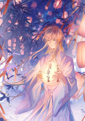  1boy absurdres alternate_hair_length alternate_hairstyle bamboo bamboo_forest blonde_hair chinese_clothes closed_mouth confeitoo cowboy_shot floating_clothes floating_hair forest hair_between_eyes hanfu hezi highres holding holding_lantern lantern lips loen_(shining_nikki) long_hair long_sidelocks long_sleeves loose_hair_strand male_focus nature nikki_(series) outdoors paper_lantern purple_robe robe shining_nikki sidelocks smile solo standing very_long_hair violet_eyes white_hanfu wide_sleeves wind 